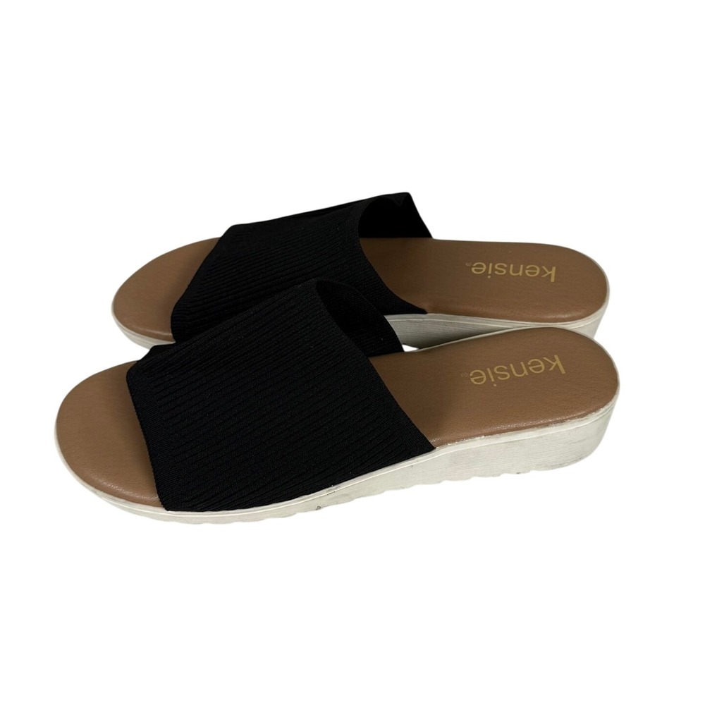 Kensie Womens 9 Ellie Sandals Black Ribbed Knit Slide Platform Flatform Comfort
